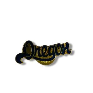 Vintage Oregon Lapel Pin Goldtone Navy Blue Script 1.25"
